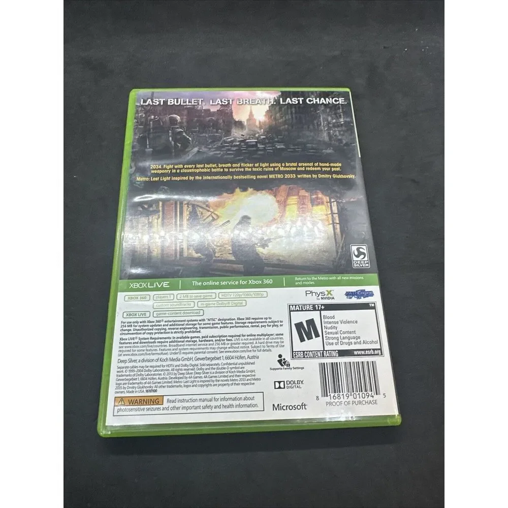 Metro: Last Light‎ (Xbox 360, 2013) Complete Tested Working